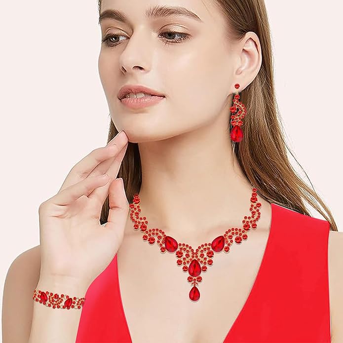Crystal Bridal Wedding Jewelry Sets for Women Rhinestone Teardrop Crystal Statement Choker Necklace Drop Earrings Link Bracelets Rings Teardrop Jewelry Set for Brides Bridesmaids