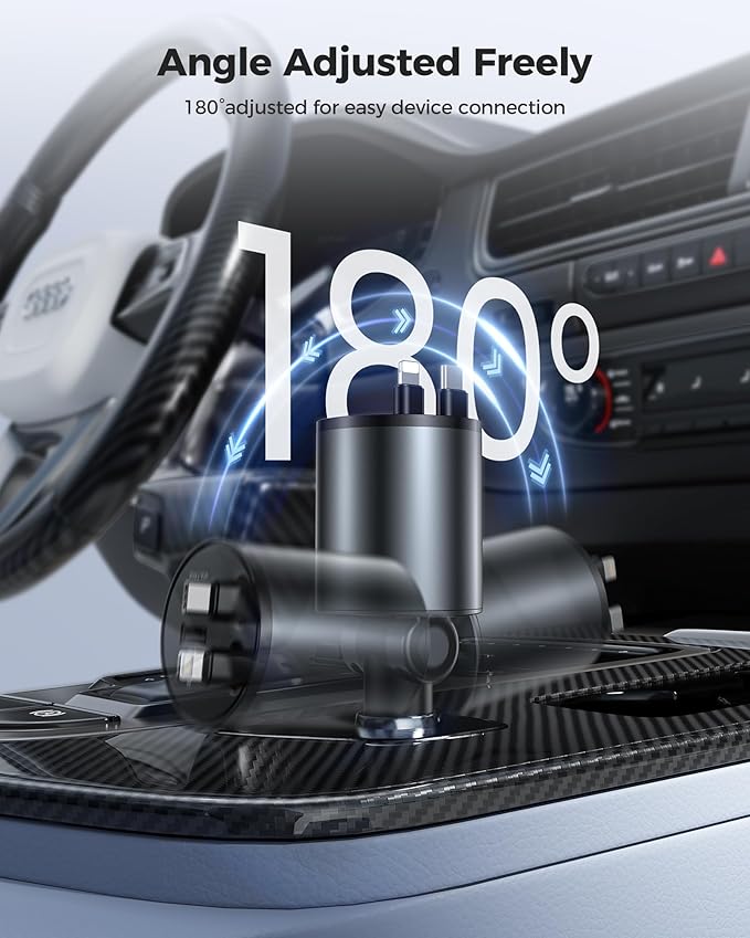 Retractable Car Charger, [2025 New] 4 in 1 Fast Car Phone Charger with Retractable Type C & L Cords, 120W USB Car Charging Adapter for iPhone 16 Pro Max 15 14 13 12, Samsung Galaxy, Pixel