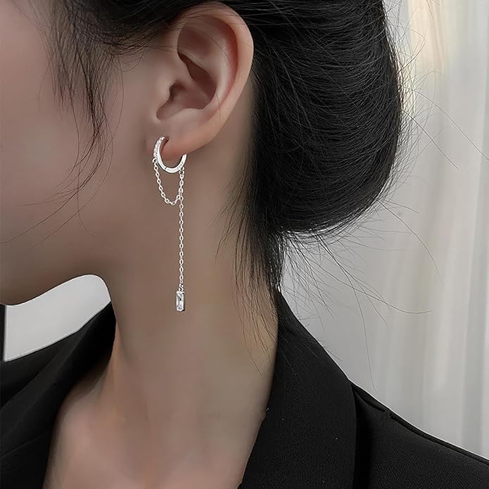 Reffeer 925 Sterling Silver CZ Chain Hoop Earrings Dangle for Women Teens Dangle Earrings Chain Drop Earrings Huggie