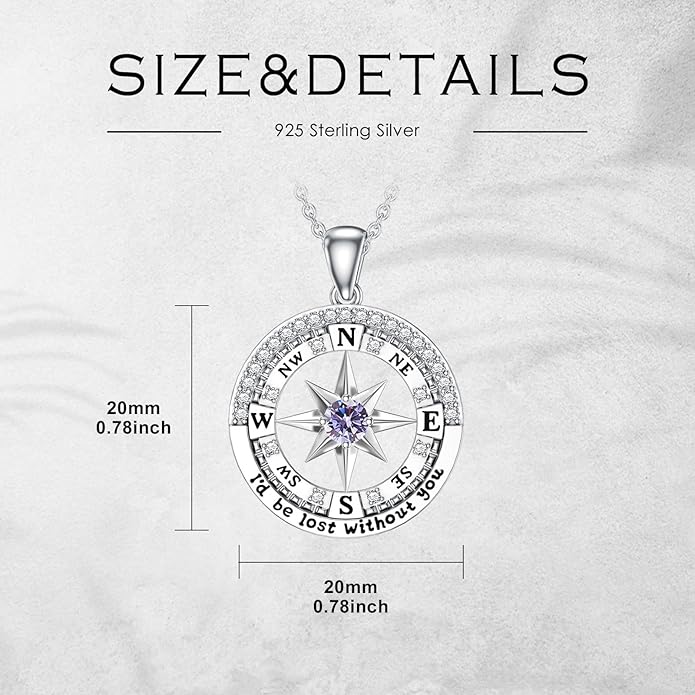 Compass Birthstone Necklace Gift for 2025 Graduation 925 Sterling Silver Compass ‘I'd be Lost Without You’ Pendant Necklaces Jewelry for Women Her Wife Gift for Birthday Anniversary