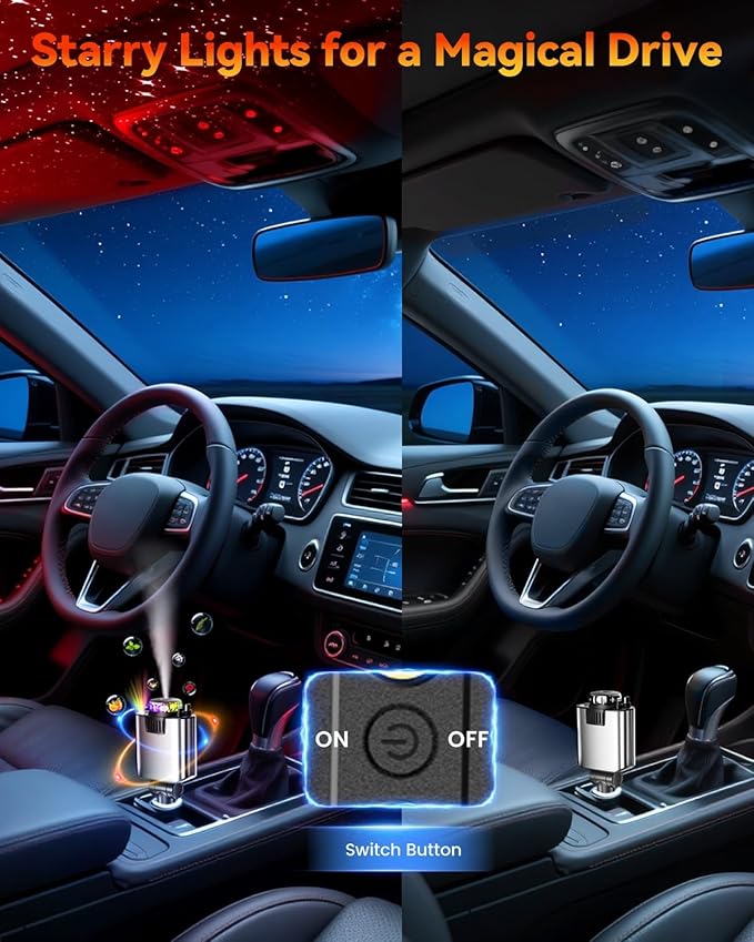 Retractable Car Charger with Air Freshener Diffuser & Star Lights,Multi Port Cigarette Lighter Adapter for iPhone Car Phone Charger USB-C/Type-C Fast Charging with 2 Retractable Cable,Car Aromatherapy
