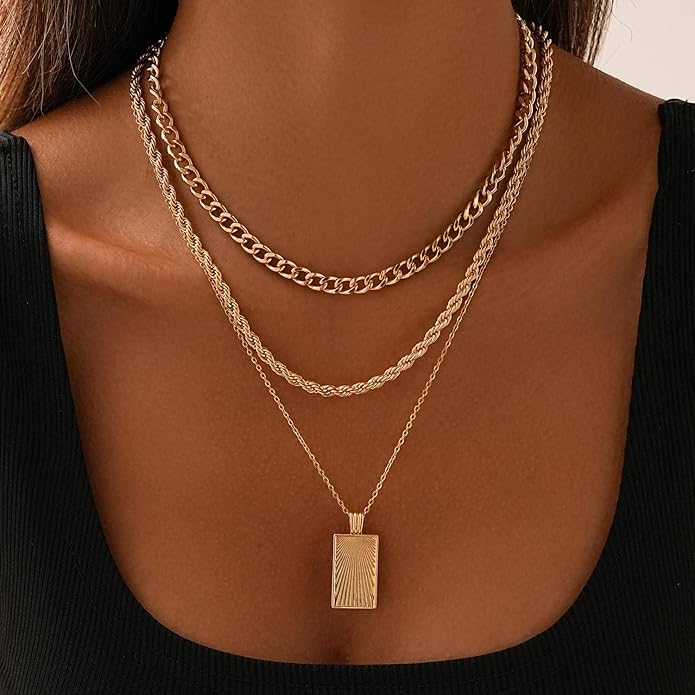 Women's Multi-Layered Gold Necklace, Stackable Delicate 14K Gold Plated Fashion Round Multi Layers Pendant Necklace, Gold Jewelry Set Gifts