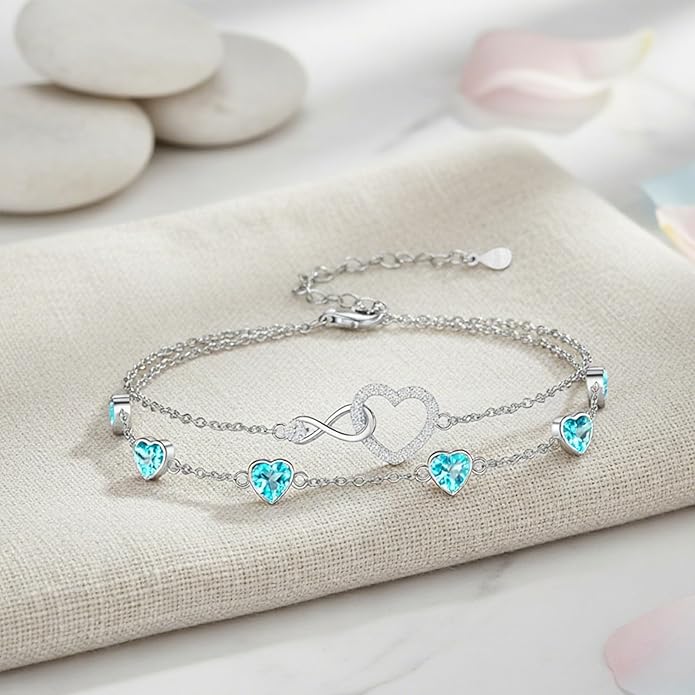 Prismata Infinity Birthstone Charm Link Bracelet 925 Sterling Silver Adjustable 12 Months Birthstone Infinity Bracelet Birthday Jewelry Gifts for Women Mom Her,with 7"+2" chain