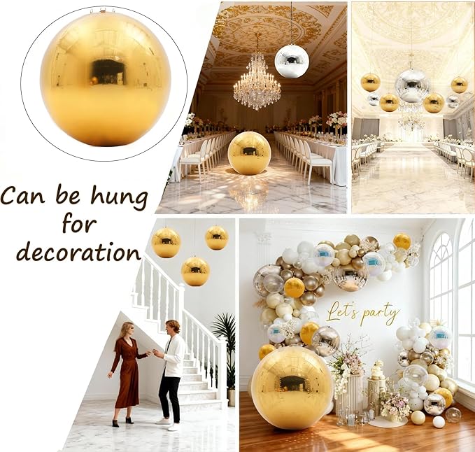 6PCS Gold Inflatable Mirror Ball,Big Shiny Balls Inflatable,Reusable PVC Mirror Balls,Large Hanging Balloon Disco Ball with Air Pump for Wedding Event Birthday Party Decor
