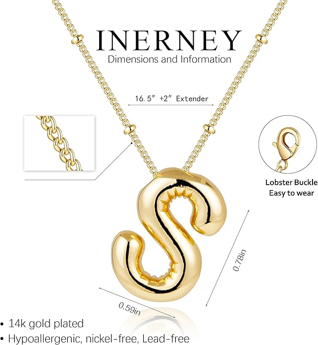 Inerney Valentines Day Gifts Gold Bubble Letter Necklace Initial Necklaces for Women, Chunky 14K Plated Balloon Initials, Trendy Charm Non Tarnish Custom Name Pendant Jewelry Gifts for Mom