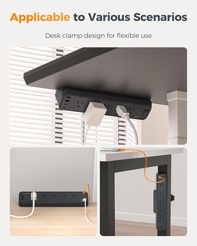 Desk Clamp Power Strip Black, TESSAN 6 Ft Flat Plug Extension Cord with Multiple Outlets, 5 Outlets with 4 USB (2 USB C), 2100J Surge Protector Power Strip, Office Home Dorm Gaming Room Essentials