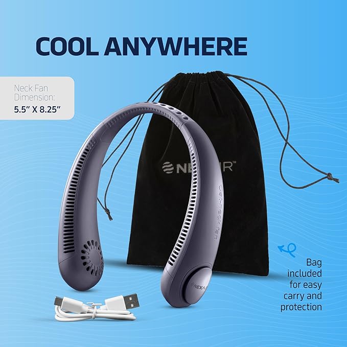 Portable Neck Fan - 3 Speed Rechargeable Bladeless Neck Fan, Adjustable Personal Black Neck Fan For Women & Men Modern Design, Great Cooling Fan For Travel, Indoor, Outdoors & Sports (Blue)