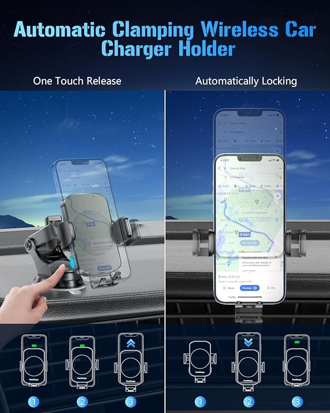 Wireless Car Charger, Fast Charging Phone Holder 3 in 1 Phone Mount Auto Clamping Car Accessories Compatible with iPhone 16 15 14 13 12 11 Xs XR, Samsung S23 Ultra S22 S21 S20/S10+ S9(Midnight Black)