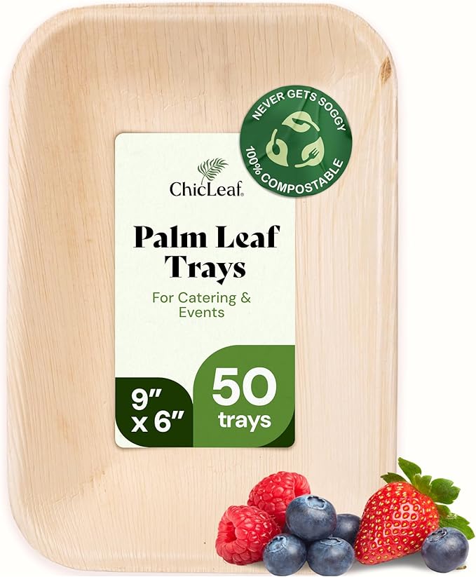 Chic Leaf 100% Compostable Disposable Palm Leaf Tray - Paper Plates Alternative - Thanksgiving Dinner Charcuterie Boards Accessories - Round Disposable Bamboo Plates (9'' x 6'' Party Pack, 50 Count)