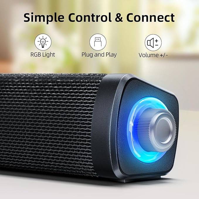 USB Computer Speakers,Computer Speakers with 3.5 mm aux,Wired USB Powered & Colorful LED Lights with Switch Button,Surround Sound Portable SoundBar for Monitor Laptop Phone(Black)