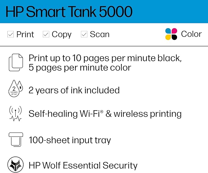 HP Smart Tank 5000 Wireless All-in-One Ink Tank Printer with up to 2 years of ink included, mobile print, scan, copy