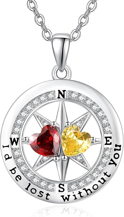 Compass Necklace for Women, Exquisite S925 Valentines Day Anniversary Birthday Gifts for Wife Her Double Birthstone Pendant Jewelry ‘I'd be Lost Without You’