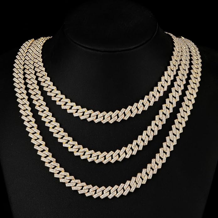 HH BLING EMPIRE 14k Gold/Silver Cuban Link Chain for Women Iced Out Diamond Chunky Cuban Link Necklace Chain Bracelet 2pcs Sets