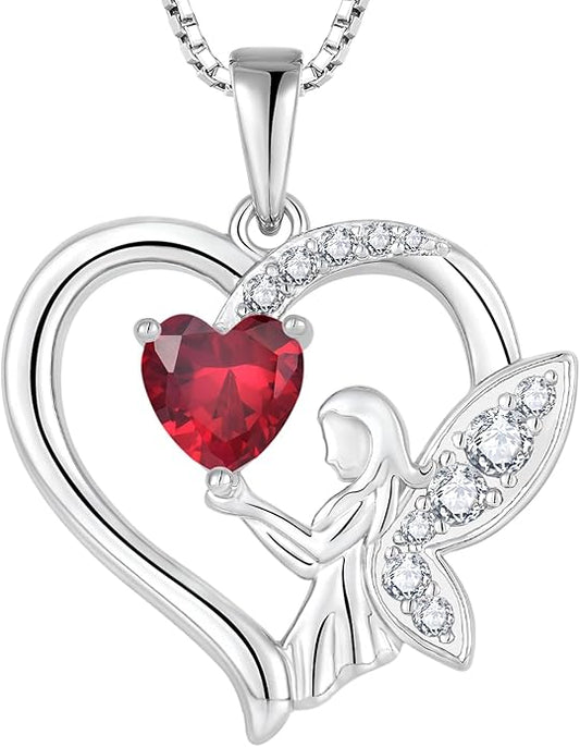 Guardian Angel Necklace 925 Sterling Silver Heart Angel Wings Pendant Birthstone Jewelry for Women