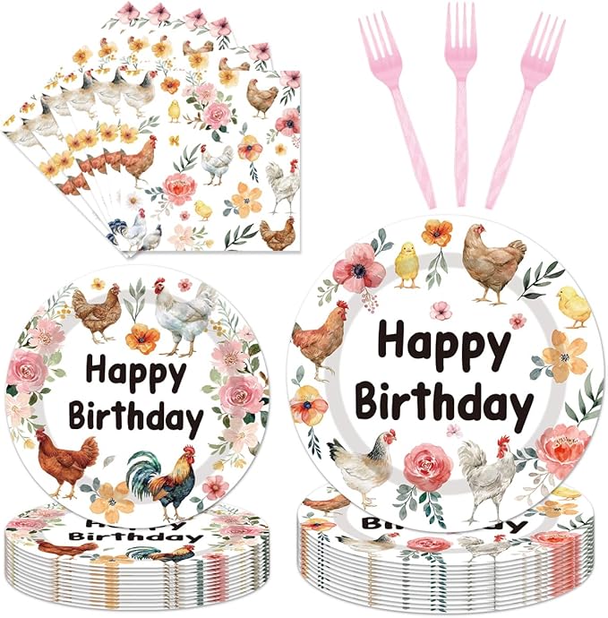 96Pcs Chicken Birthday Party Decorations Disposable Tableware Set - Floral Chick Hens Happy Birthday Paper Plates Napkins Forks Rustic Flower Poultry Dessert Farmhouse Party Supplies Serve 24 Guests