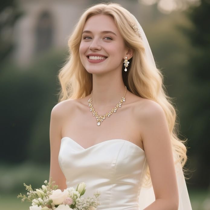BriLove Women's Wedding Jewelery Set Leaf Flower Crystal Teardrop Marquise Cluster Pendant Necklace Dangle Earrings for Bridal Party