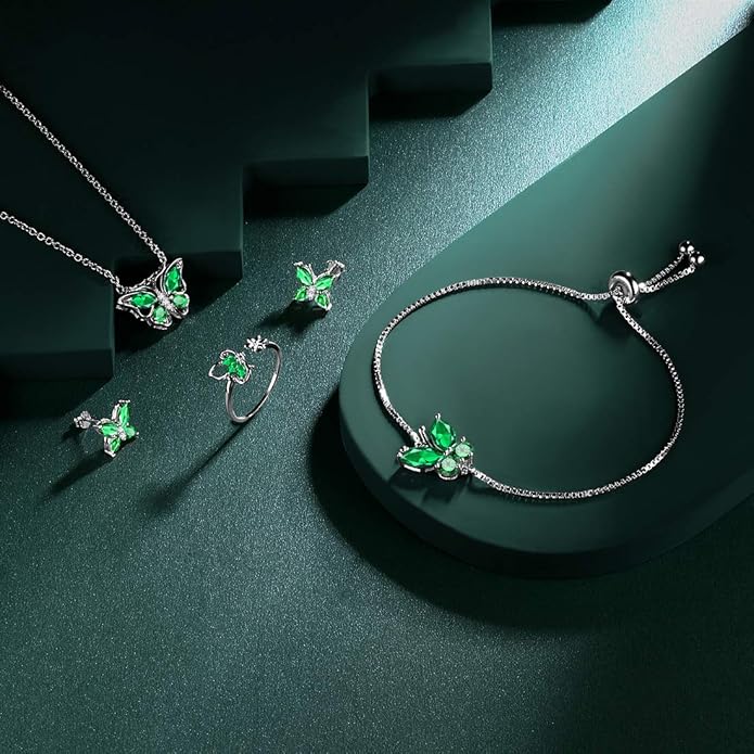925 Sterling Silver Birthstone Butterfly Jewelry Women Crystal Animal Cute Butterflies Birthday Necklace/Earring/Ring/Bracelet Sets Birth Stone Statement Anniversary Jewellery