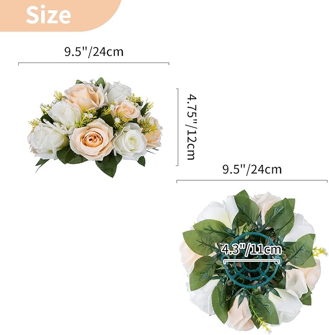 Pcs of 10 Fake Flower Ball Arrangement Bouquet,15 Heads Plastic Roses with Base, Suitable for Our Store's Wedding Centerpiece Flower Rack for Parties Valentine's Day Home Décor (Champagne & White)