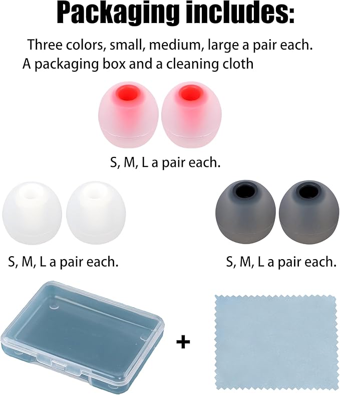 Silicone Replacement Earbud Tips - Fit Most In-Ear Earbuds (Inner Hole 3.8mm - 5.1mm) - 9 Pairs S M L