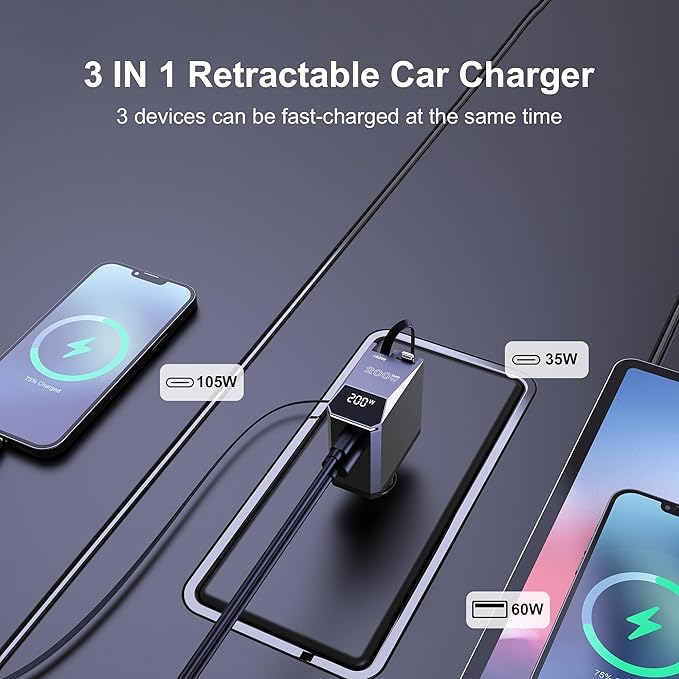 Aftertop 200W Retractable Car Charger, 3-in-1 Independent Fast Charging, 2.3ft 105W Retractable Cable, Power Display USB C Car Charger for MacBook Pro, iPhone 16 15, Galaxy S25 S24 Ultra etc
