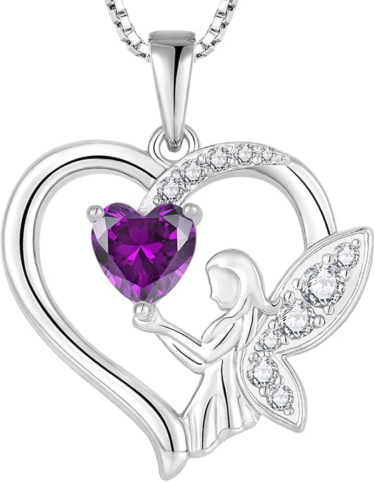 Guardian Angel Necklace 925 Sterling Silver Heart Angel Wings Pendant Birthstone Jewelry for Women