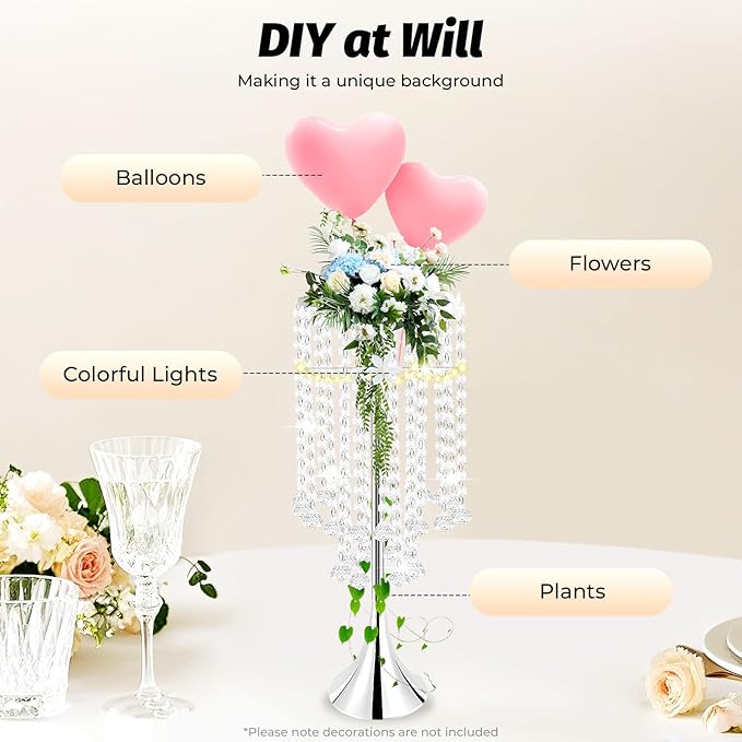 10pcs Silver Vases Wedding Centerpieces, 21.9'' Tall Crystal Metal Vase Wedding Road Lead Flower Holders, Metal Crystal Centerpiece Table Decorations, Crystal Flower Stand for Wedding(Silver)