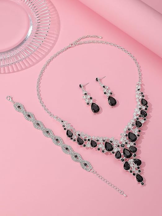Wedding Bridal Bridesmaid Austrian Crystal Rhinestone Jewelry Sets Statement Choker Necklace Earrings Bracelets Sets for Wedding Party Prom