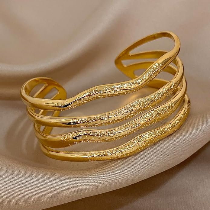 hotoo Gold Open Cuff Bangles Wide Woven Bracelets For Women Stainless Steel Stackable Jewelry For Xmas Birthday Gifts