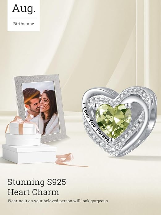 Heart Birthstone Charms for Bracelets, 925 Sterling Silver Women Bead Charms for Charm Bracelets Necklace, Mother's Day Birthday Anniversary Jewelry Gifts for Wife Mom Grandma Daughter