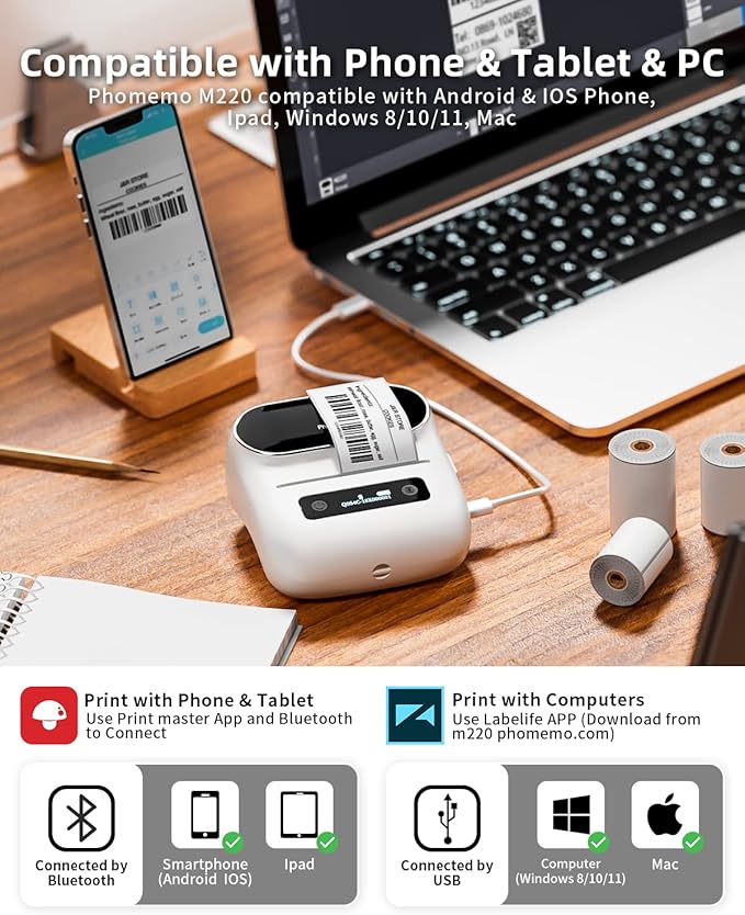 Phomemo Label Maker, M220 Barcode Printer, Thermal Bluetooth Label Printer for Address, Clothing, Warehouse, Mailing,Compatible with Phone & Laptop