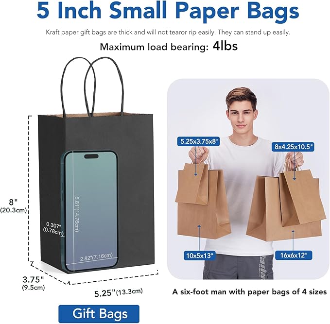 GSSUSA 5.25x3.75x8 50Pcs Black Gift Bags with Handles,Small Gift Bags Craft Bags for Small Business, Black Goodie Bag,Sturdy Kraft Paper Bag, Retail Shopping