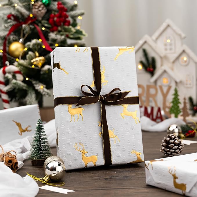 Garbendy Christmas Wrapping Paper Roll- 17 Inch X 32.8 Feet - Embossing 3D Christmas Trees Printed in White with Gold Foil Reindeer Design for Birthday, Wedding, Baby Shower, Bridal Shower, Party