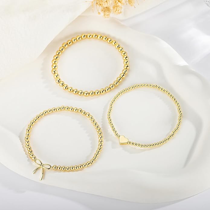Turandoss Gold Bracelets for Women - Dainty 14K Gold Plated Bow Cross Beaded Bracelets for Women Stackable Heart Bead Bracelet Set Wave CZ Round Ball Bracelet Valentine's Day Gifts for Her