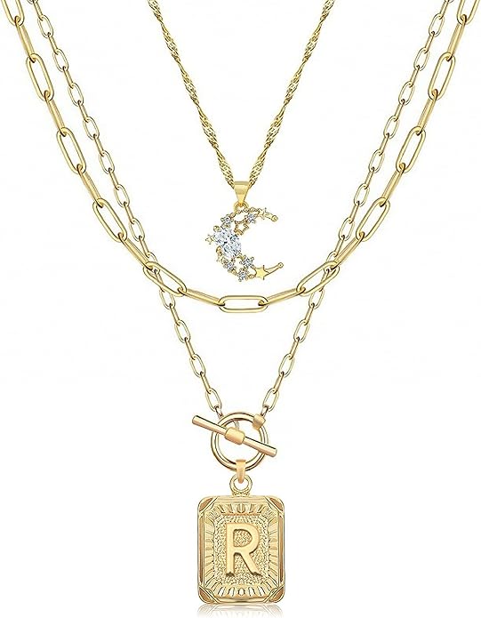 MJartoria Layered Initial Necklaces for Women Trendy, 14K Gold Plated Brass Simple Moon Choker Square Letter Pendant Necklace, Paperclip Chain Necklaces Jewelry Gifts