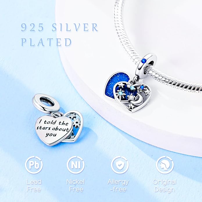 925 Sterling Silver Charms Bead for Bracelets Necklaces, Star Moon Crescent Sun Solar Pendent, Blue Ocean Starfish Shells Turtle Crab Starry Sea Cute Jewelry Birthday Gifts for Women Men