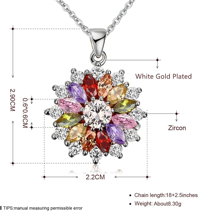 VONSSY Colorful Snowflake Pendant Necklace Earrings Rose Gold 5A Cubic Zirconia | Crystal Sweater Chain | Multi Gemstone Garnet Amethyst Morganite Peridot Prom Rhinestone Necklaces for Women Vintage Stylish Gift