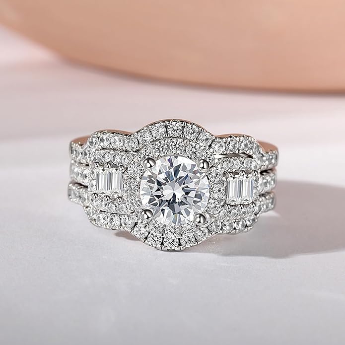 Jeulia 2 Carat Engagement Halo Rings for Women Sterling Silver Round Cut Bridal Set Cubic Zirconia Wedding Diamond Band Rings Promise Anniversary Rings for Her