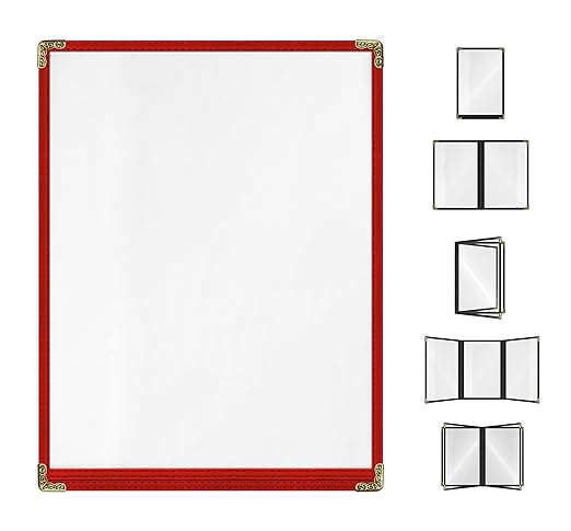 Goodsmart Restaurant Menu Covers – 25 Pack Red 2-View, Top-Loading Menu Holders, Vinyl & Plastic Café Menu Covers, Clear Menu Sleeves, Fits 8.5" x 11", Leather-Style Design, Gold Corners