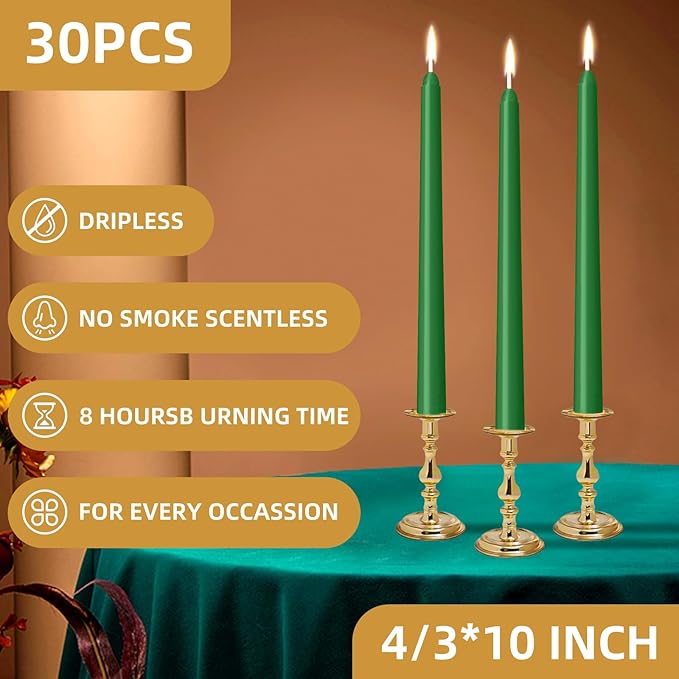 30 Pack Green Taper Candles - 10 inch Dripless, Smokeless, and Unscented - Long Burning for 8 Hours - Hand Poured Tall Candlesticks - Ideal for Special Occasions and Home Decor