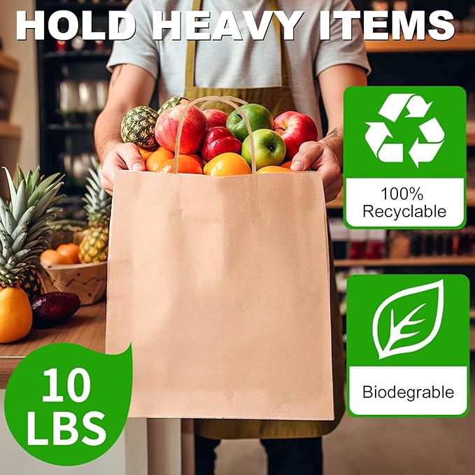 BAG BOX 25 Pcs Medium 8.25x4.3x10.6 Inch Brown Kraft Paper Gift Bags with Handles for Bulk Wedding, Party Favors, Grocery, Shopping, Retail Merchandise, Gift Sacks