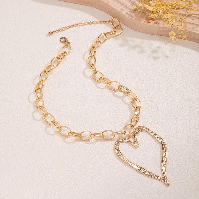 Bold Big Chunky Gold Heart Necklace for Women, Unique Large Thick Hollow Love Heart Pendant Chain Choker Necklaces Punk Party Prom Y2K Jewelry Gifts