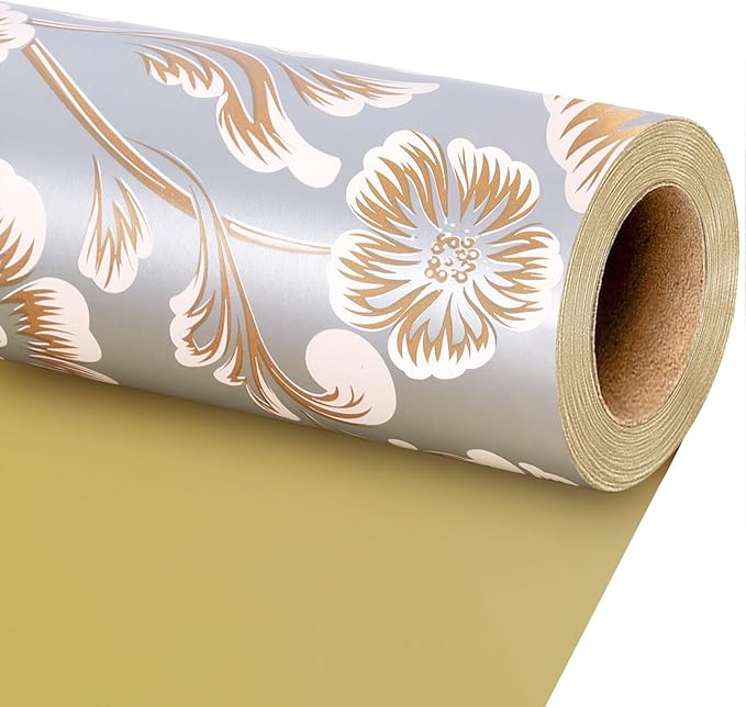 LaRibbons Reversible Floral Wrapping Paper Roll, 17Inch x 33 Feet (46.7 Sq. Ft) – Double-Sided Gold Peony Design for Wedding, Mother’s Day, Bridal Shower & Birthday