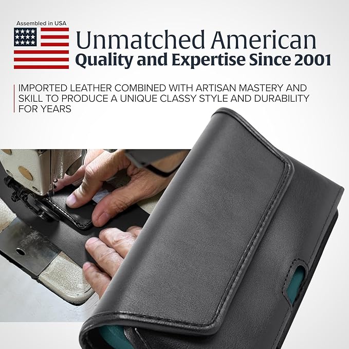 Turtleback Belt Holder for iPhone 16 Pro, 16e, 15 pro 14 Pro 13 Pro -Small- Fits w/Slim MagSafe Style Cases, Premium Black Leather Horiz. Belt Holster, Magnetic Closure, Leather Wrapped Belt Clip