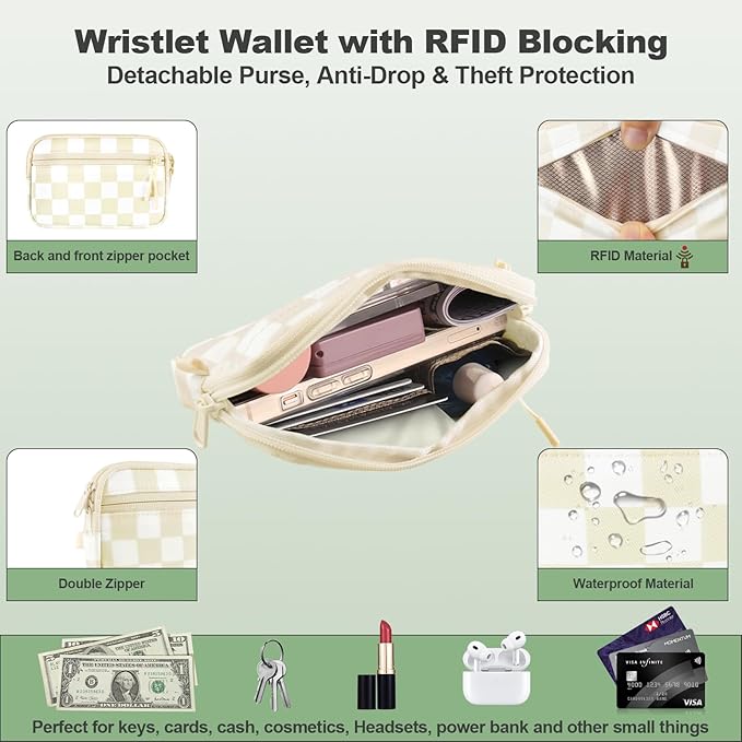 Clip and Go Strap for Phone with Wallet Crossbody, Adjustable Phone Lanyard with Detachable RFID Wristlet Wallet, Phone Strap with Phone Tabs for All Phones, Cream Checkered (M)