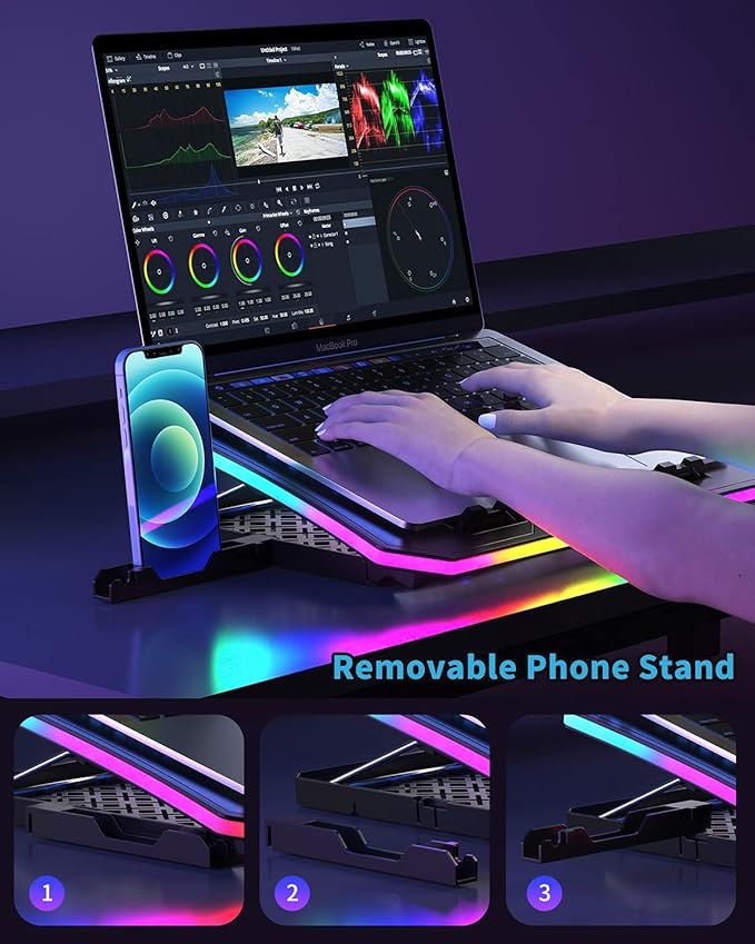 KeiBn Upgarde Laptop Cooling Pad, RGB Lights Laptop Cooler 6 Fans for 15.6-17.3 Inch Laptops, 7 Height Stands, 10 Modes Light, 2 USB Ports, Desk or Lap Use (A8,Blue)