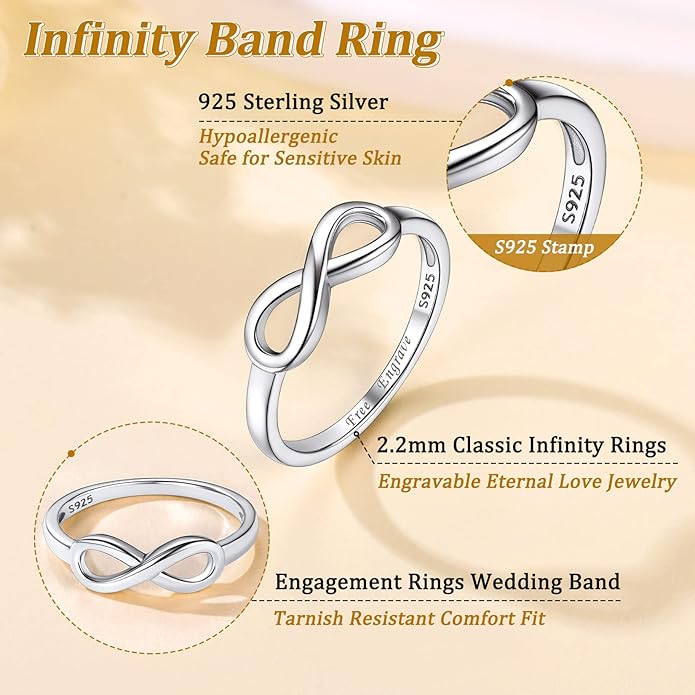 Suplight 925 Sterling Silver Ring Simple Infinity Knot Wedding Band Rings Love Knot Promise Ring for Women Size 4-12(with Gift Box)