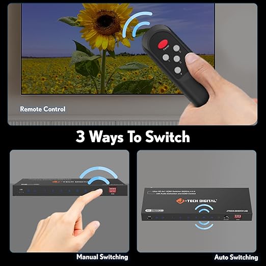 8K HDMI Switch 4 in 1 Out, 8K@60Hz 4K@120Hz 1080P@240Hz with Audio Extraction, HDMI to Optical & Analog 3.5mm, HDR HDCP2.3 EDID Control (JTECH-8KSW41AE)