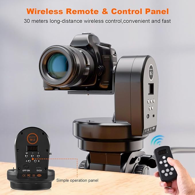Soonpho M2 Motorized Rotating Panoramic Tripod Head, Remote Control Pan Tilt Head with Remote Control and Mobile Phone Clip for DSLR Cameras, Camcorders, Smartphones, Tripod,