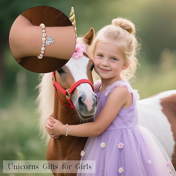 C-leen Unicorn Unicorn Bracelet Gifts for Girls Kids - Pink Pearl and Rhinestone Balls Heart Initial Unicorn Bracelets Adjustable Jewelry CZ Unicorn Bracelet Birthday Gifts for Teens