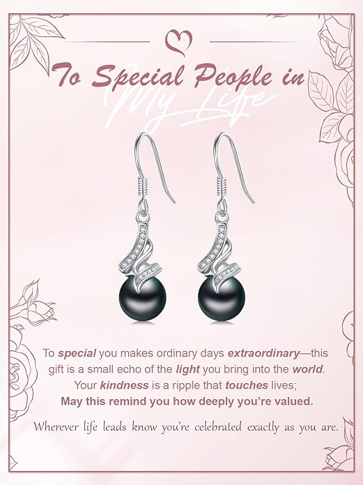 Tahitian Black Pearl Earrings Gifts for Women Wife Celtic Dangle Drop Earrings Wedding Birthday Anniversary Jewelry Valentines Christmas Day Gifts 925 Sterling Silver
